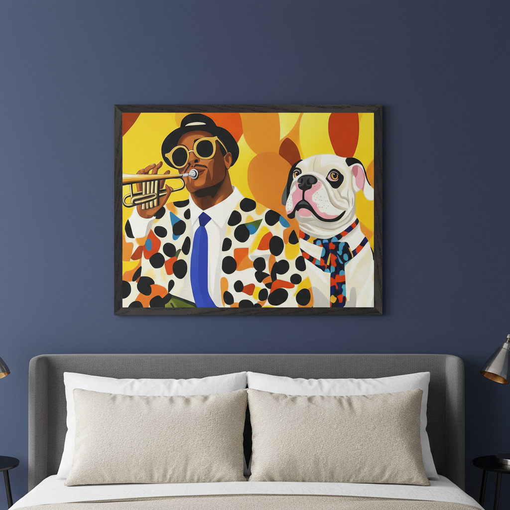 Modern bedroom with a gray bed & beige pillows. A large framed, colorful graphic art print hangs above the bed, depicting a trumpeter & bulldog in a tie against a yellow background.