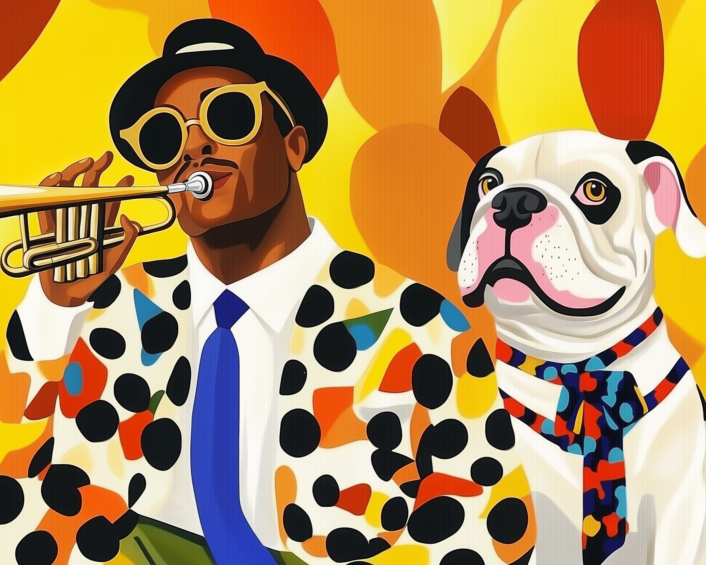 A man in round sunglasses and a polka dot jacket plays the trumpet while a white bulldog in a colorful scarf sits beside him.
