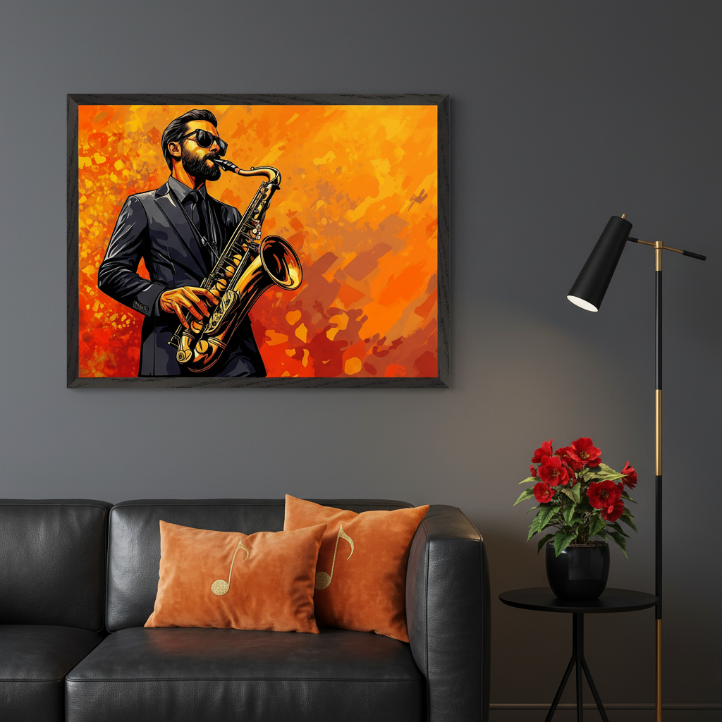 Modern living room with a black leather sofa. A large framed graphic art print of a bearded man in sunglasses playing a saxophone, set against an abstract orange and red background, hangs above the sofa. Orange cushions with music notes, a floor lamp, and a side table with red flowers are also visible.
