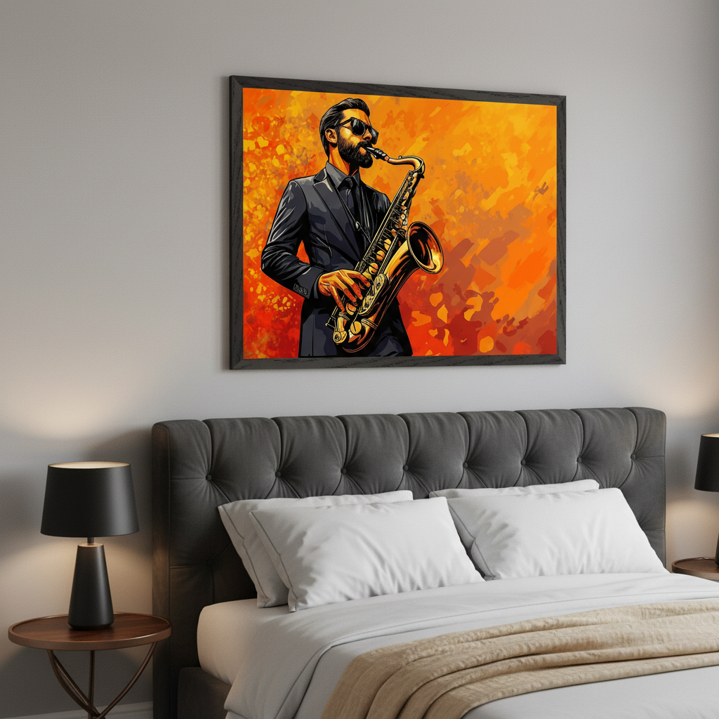 Modern bedroom with a dark grey tufted bed. Above the bed, a large framed artwork depicts a stylized man in a suit and sunglasses playing a saxophone against a vibrant abstract orange and red background.