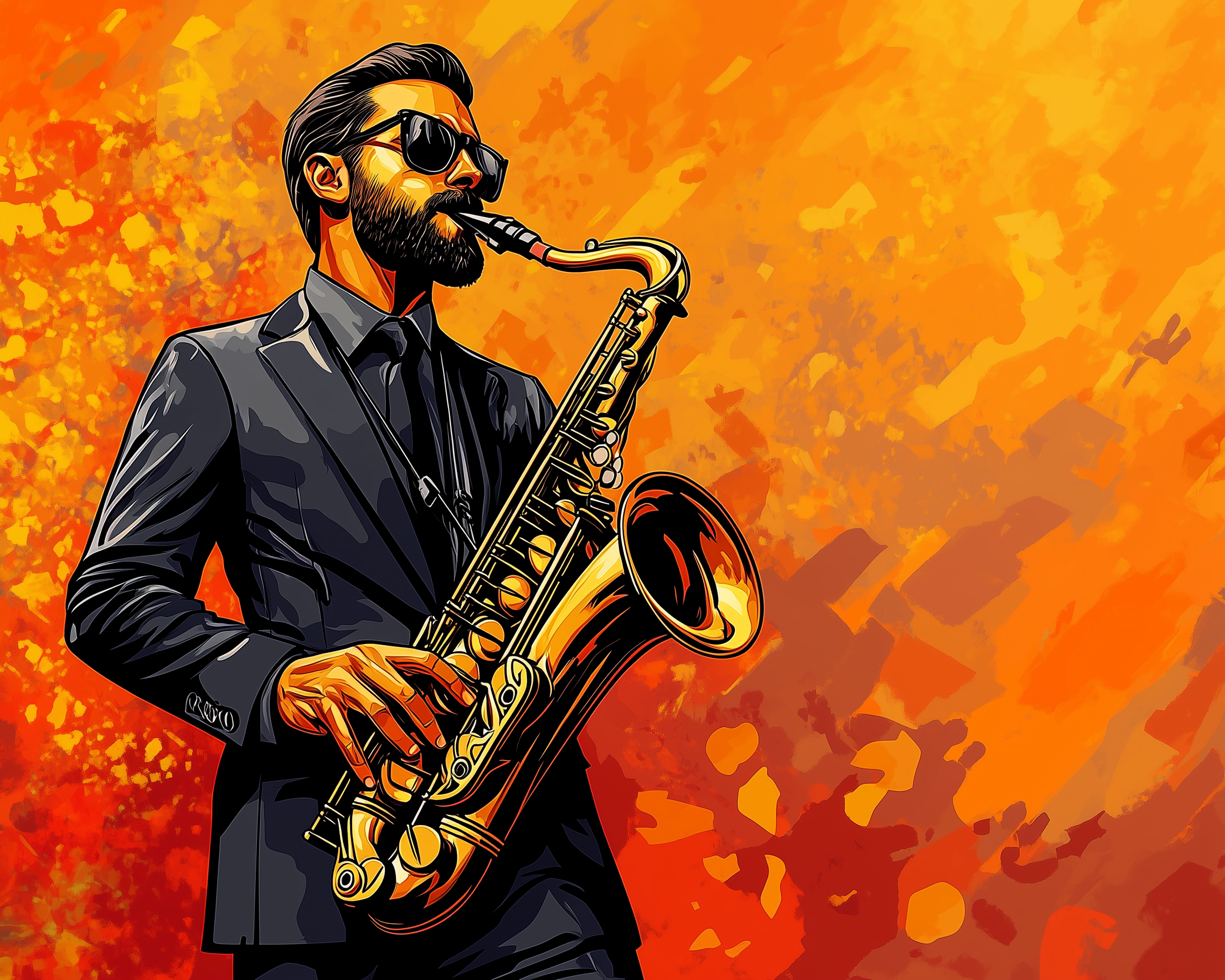 A bearded man in a dark suit and sunglasses plays a golden saxophone against a vibrant orange and yellow background.
