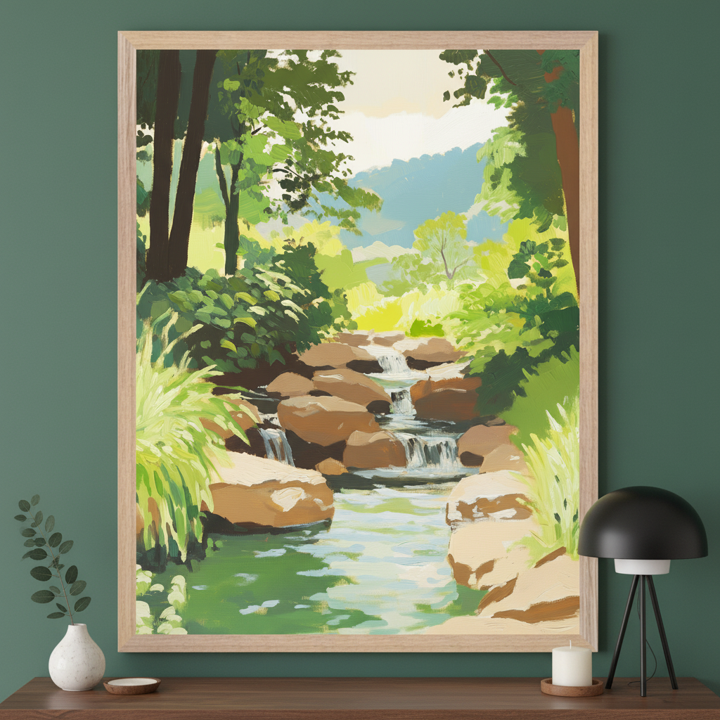 Modern room with a dark wooden console table. A large, light wood framed painting of a vibrant green forest stream with rocks and waterfalls in a painterly style hangs above the table.