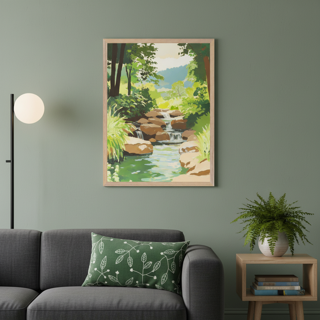 Modern living room with a dark gray sofa. A framed landscape painting hangs on a sage green wall, centered above the sofa's right section. It depicts a stream with waterfalls, rocks, and lush green trees. A floor lamp is to the left, and a wood side table with a fern is to the right.