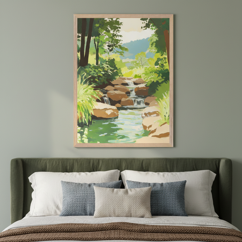Modern bedroom with a dark green upholstered bed. A framed stylized painting of a natural landscape hangs above the bed, depicting a rocky stream flowing through green trees and foliage, with mountains in the background.