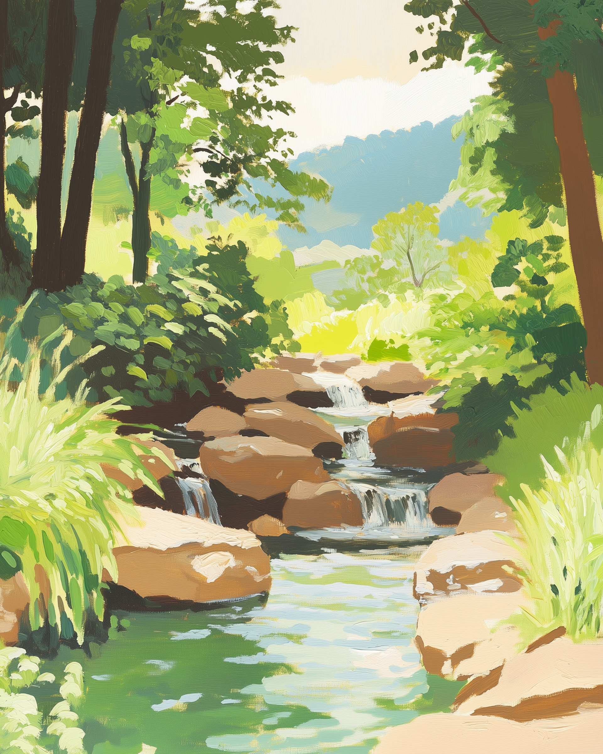 A peaceful stream flows over smooth rocks surrounded by lush green trees and plants on a sunny day.