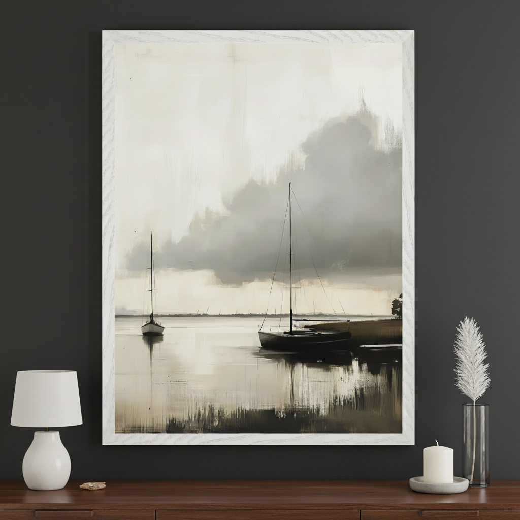 Modern room with a dark wooden console table. A large, white-framed, monochromatic painting of two sailboats on calm water under a cloudy sky hangs above the table.