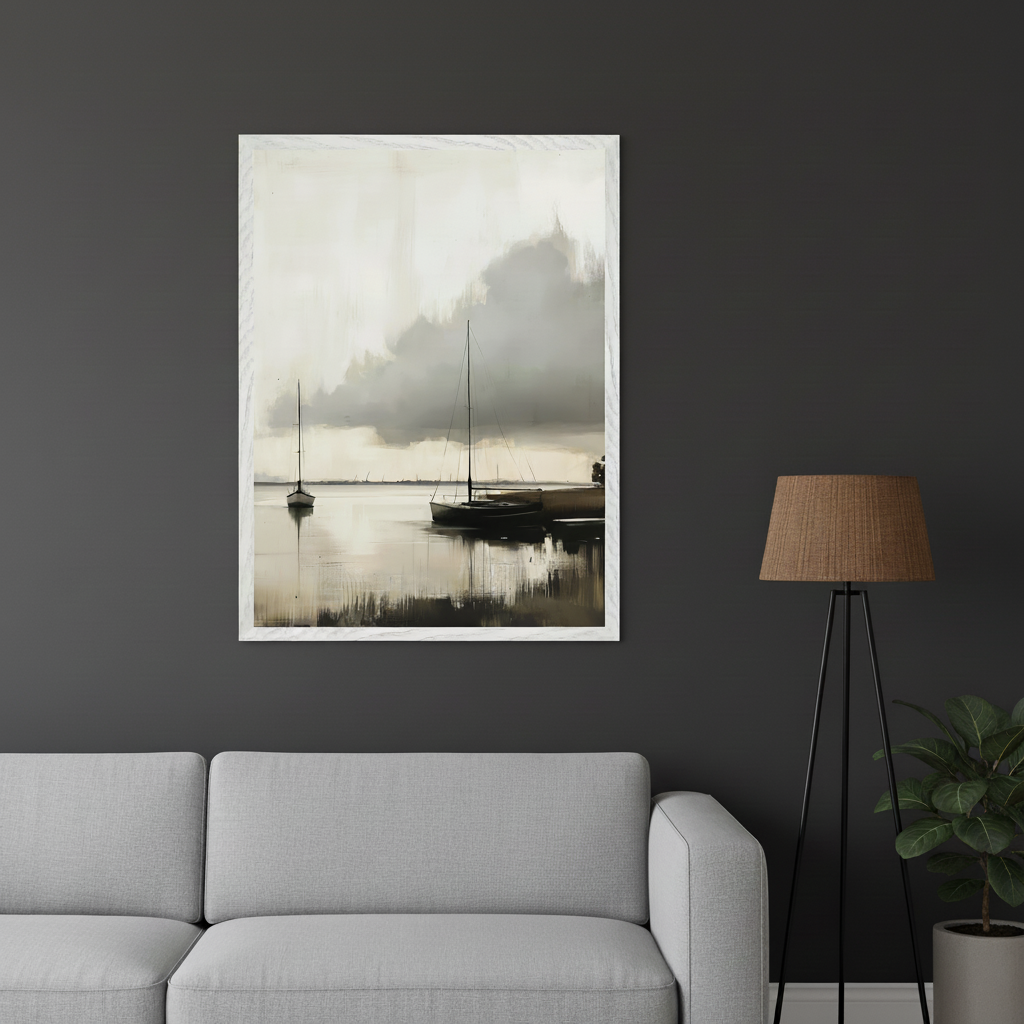 Living room with a grey sectional sofa and a black floor lamp. A large, framed sepia-toned painting of two sailboats on calm water under a cloudy sky hangs above the sofa, left of the lamp. The painting features reflections and a muted, somewhat abstract style.