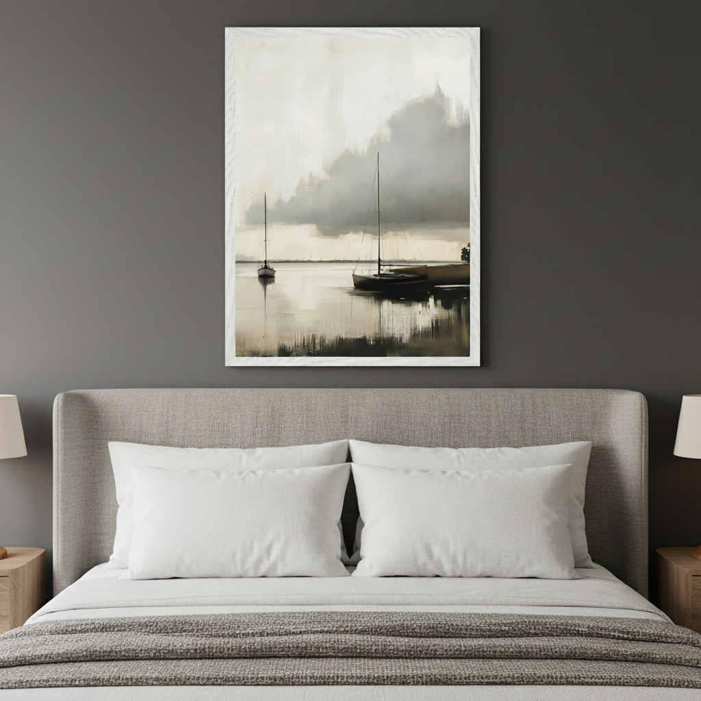 Modern bedroom with a beige upholstered bed. A framed, muted-tone abstract painting of boats on water under a cloudy sky hangs centered above the bed.