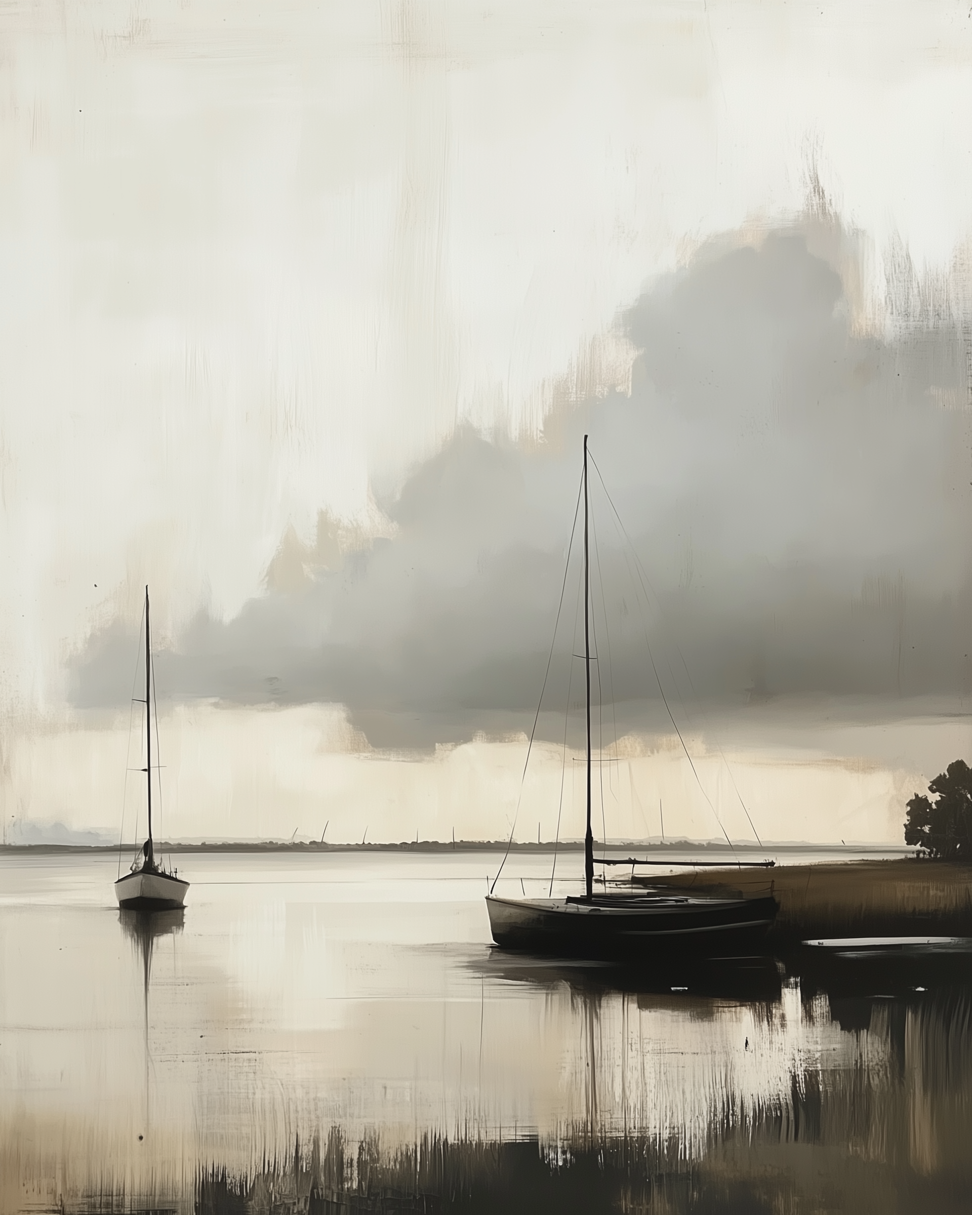 Two sailboats rest quietly on still water under a cloudy sky with soft reflections on the surface.