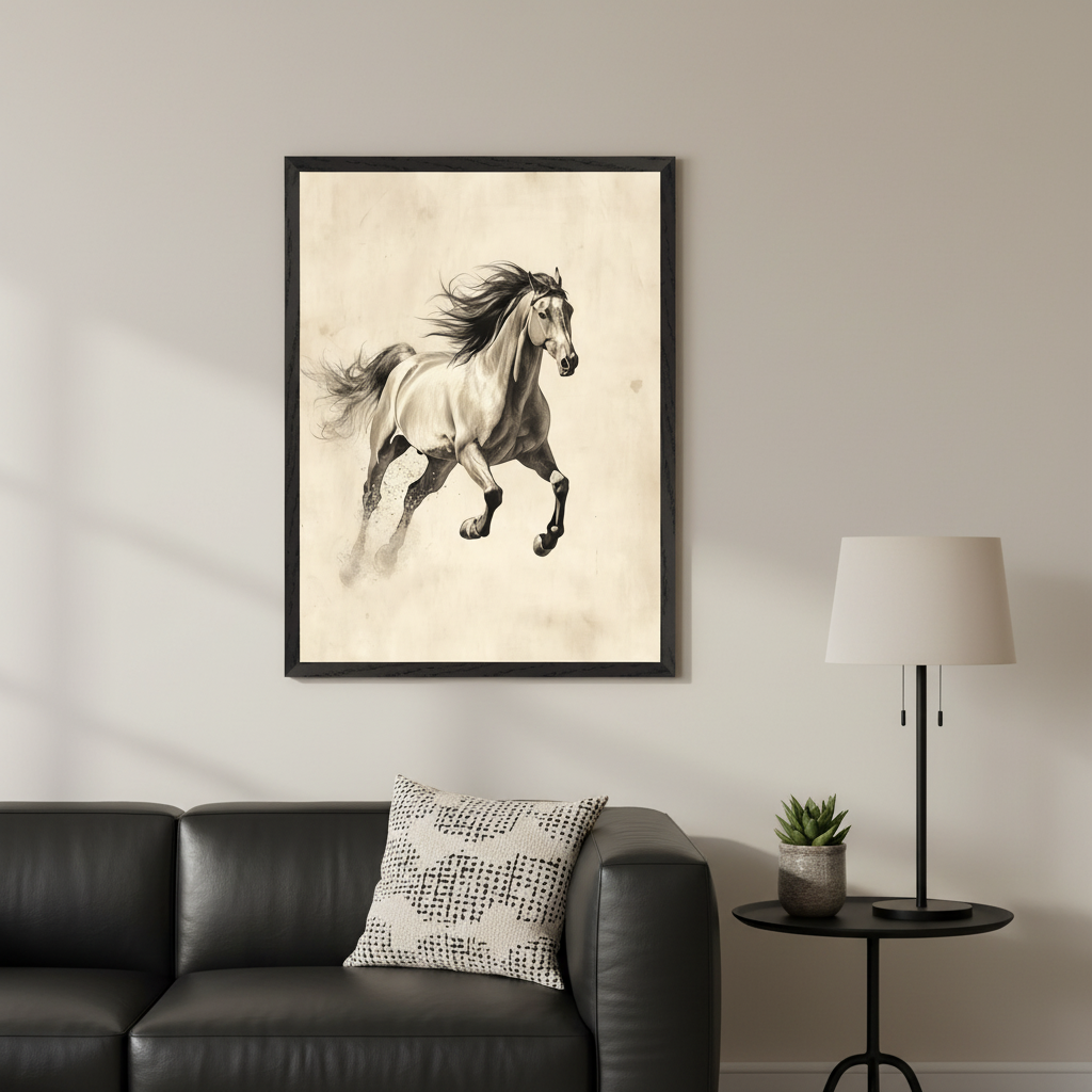Modern living room with a black leather sofa. Above the sofa hangs a large framed sepia-toned illustration of a horse galloping and kicking up dust. A black side table with a lamp and plant sits to the right of the sofa.