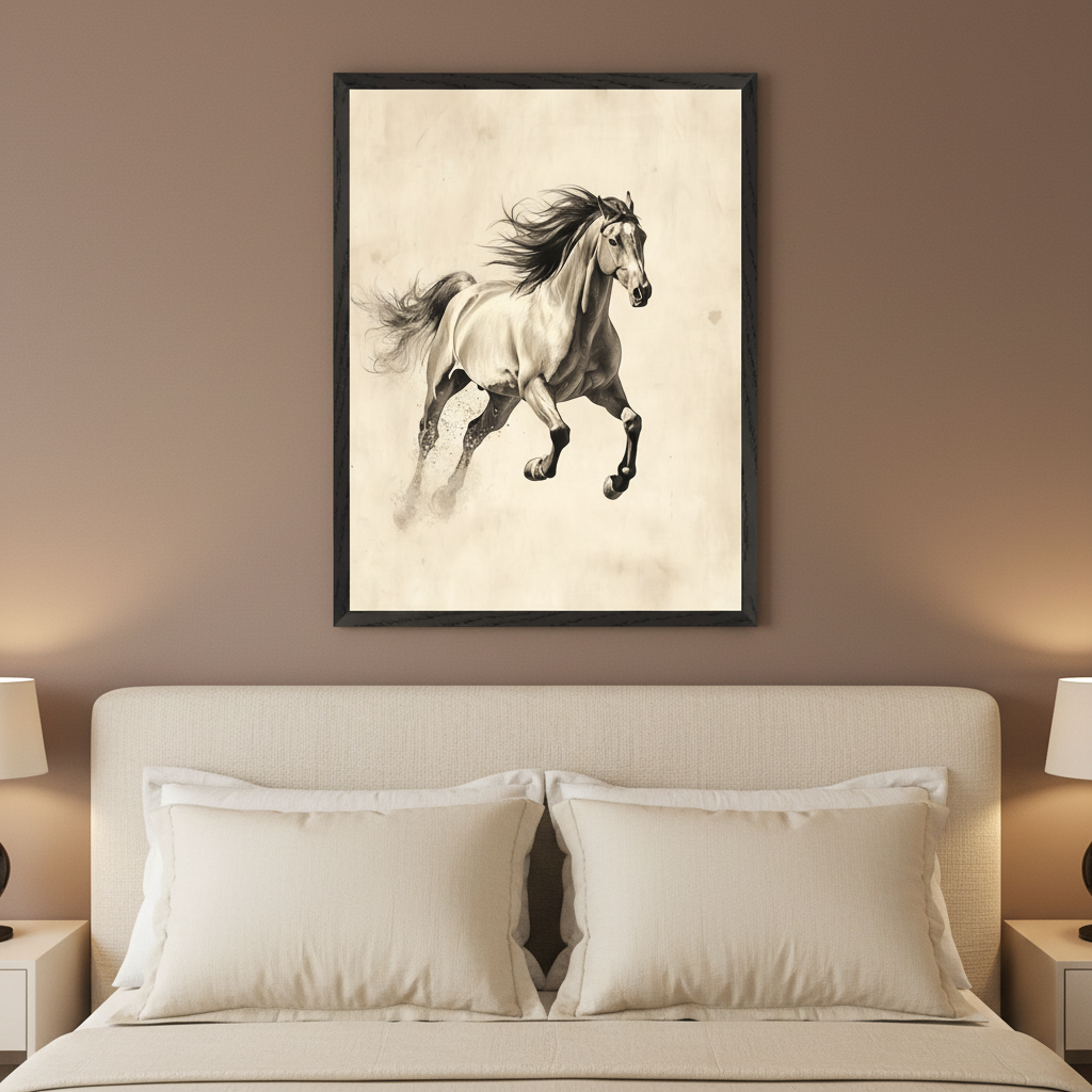 Modern bedroom with a light-colored bed and headboard. A large framed black-and-white drawing of a galloping horse, kicking up dust, hangs centered above the bed.