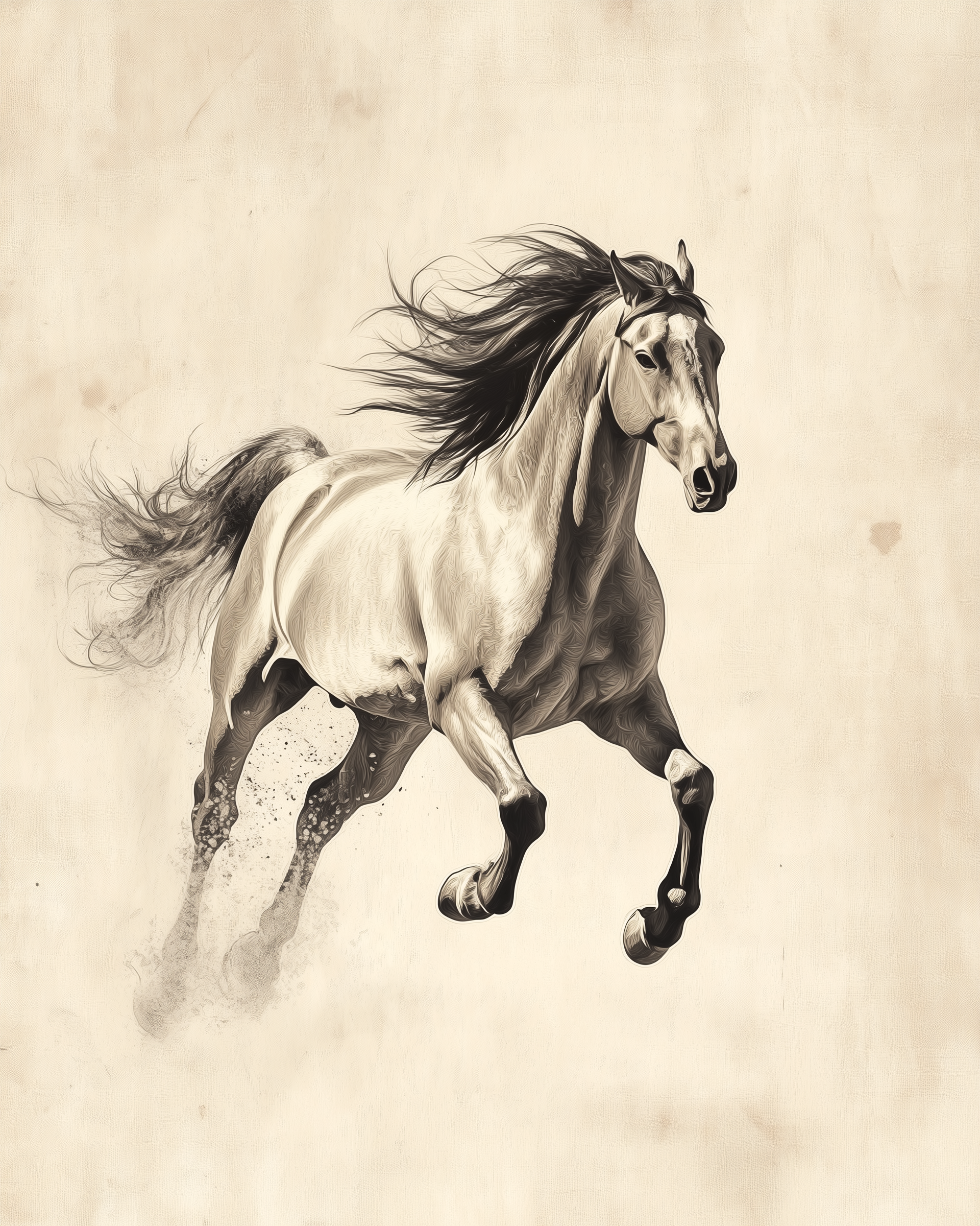 A powerful white horse with a flowing black mane runs forward with dust trailing behind against a simple beige backdrop.
