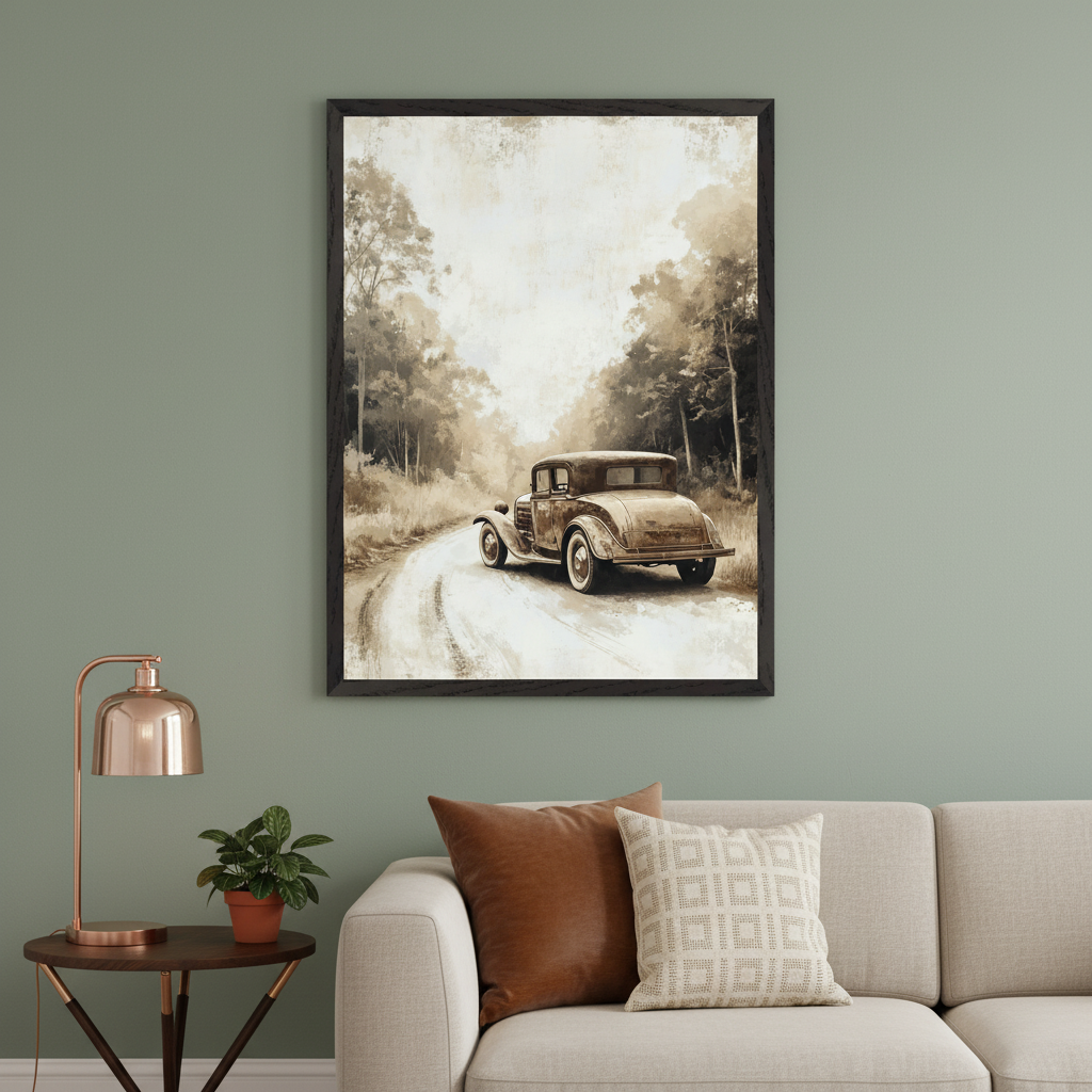 Living room with a beige sofa, side table, and copper lamp. A large framed painting of a vintage car on a dirt road through a forest in sepia tones hangs above the sofa.