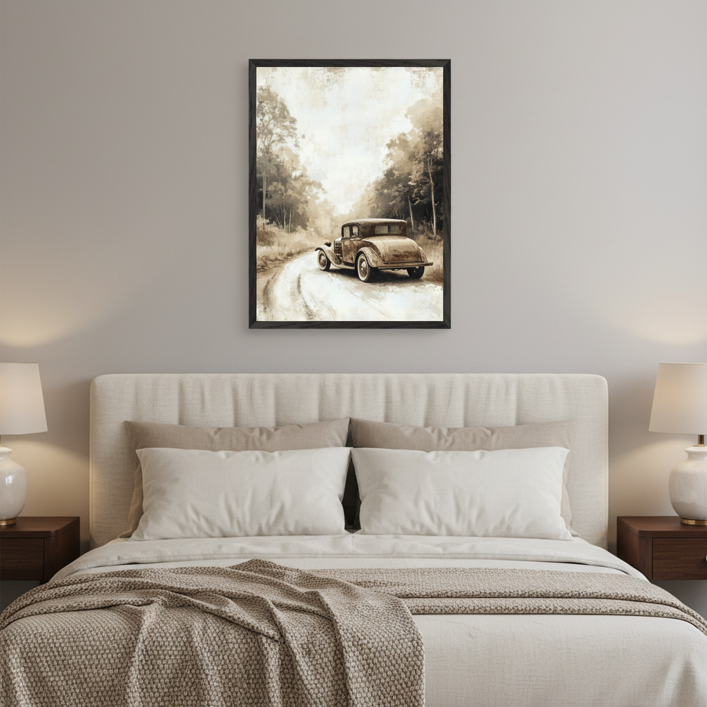 Modern bedroom with a beige upholstered bed and two side tables. A framed sepia-toned painting of a vintage car on a dirt road, surrounded by trees, hangs centered above the bed.