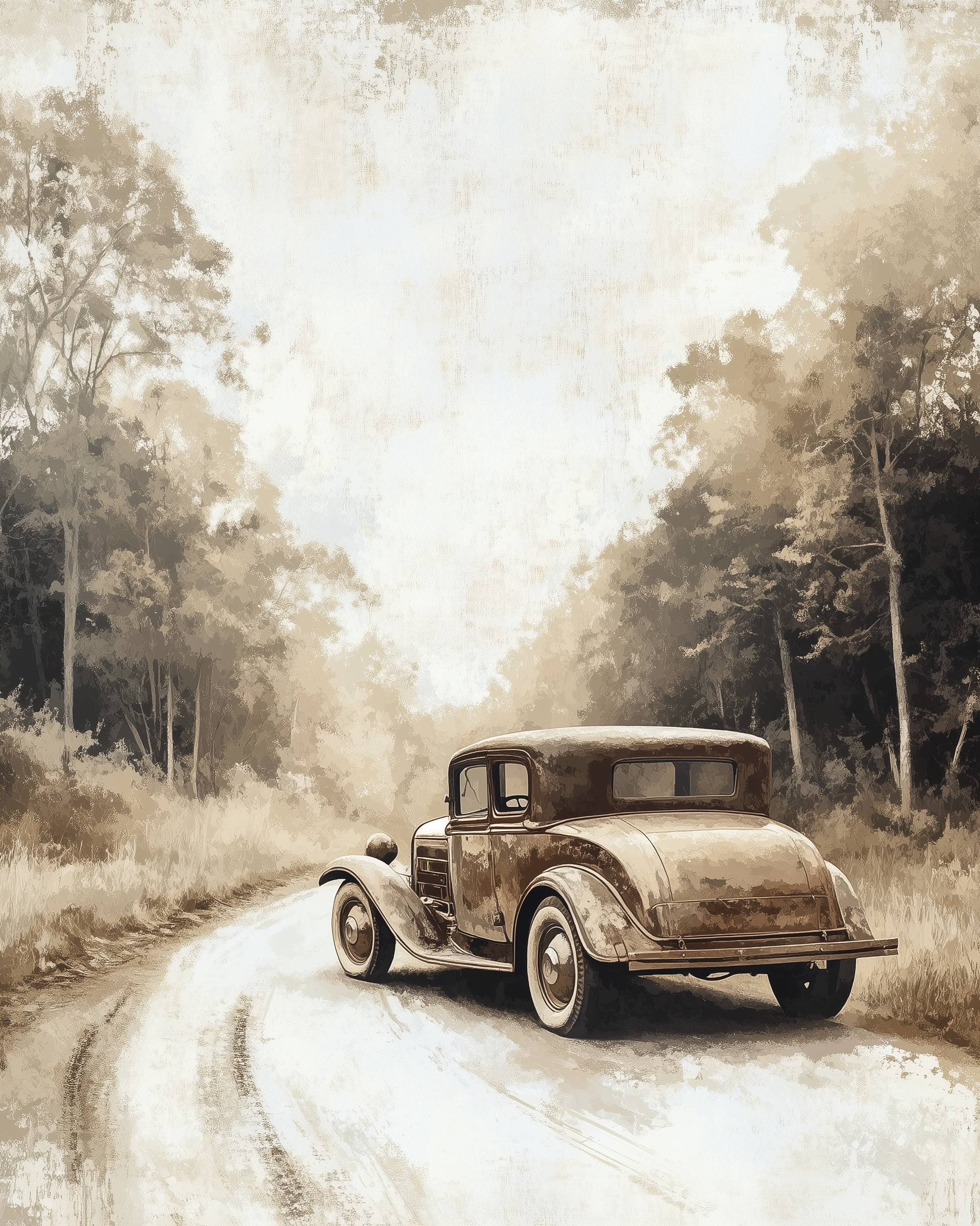 An old-fashioned brown car drives down a winding dirt road through a forest, giving a nostalgic countryside feel.