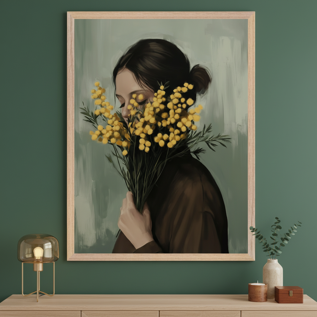 Modern room with a dark green wall and light wood dresser. A large framed painting of a woman with dark hair holding yellow flowers, her face hidden, against a textured green background, hangs centered above the dresser. A glass lamp, vase with eucalyptus, candle, and wood box are on the dresser.