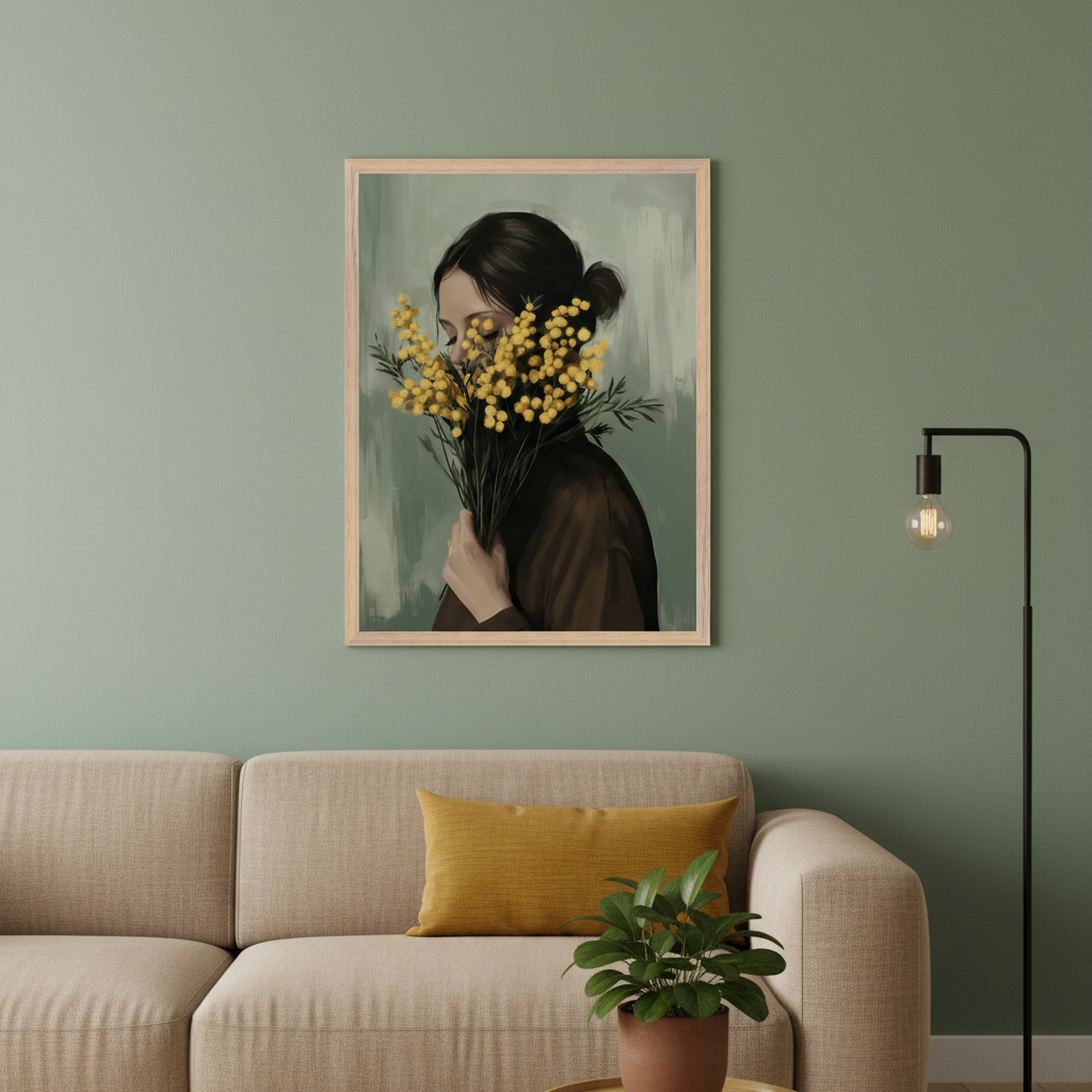 Modern living room with a sage green wall and beige sofa. A framed painting of a woman holding yellow mimosa flowers, obscuring her face, hangs centered above the sofa. A black floor lamp is on the right.