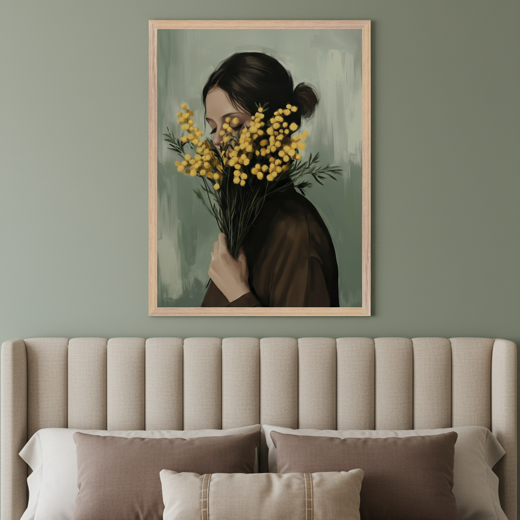 Modern bedroom with a beige upholstered bed. A vertical framed painted portrait of a woman holding yellow mimosa flowers to her face hangs on a sage green wall above the bed.