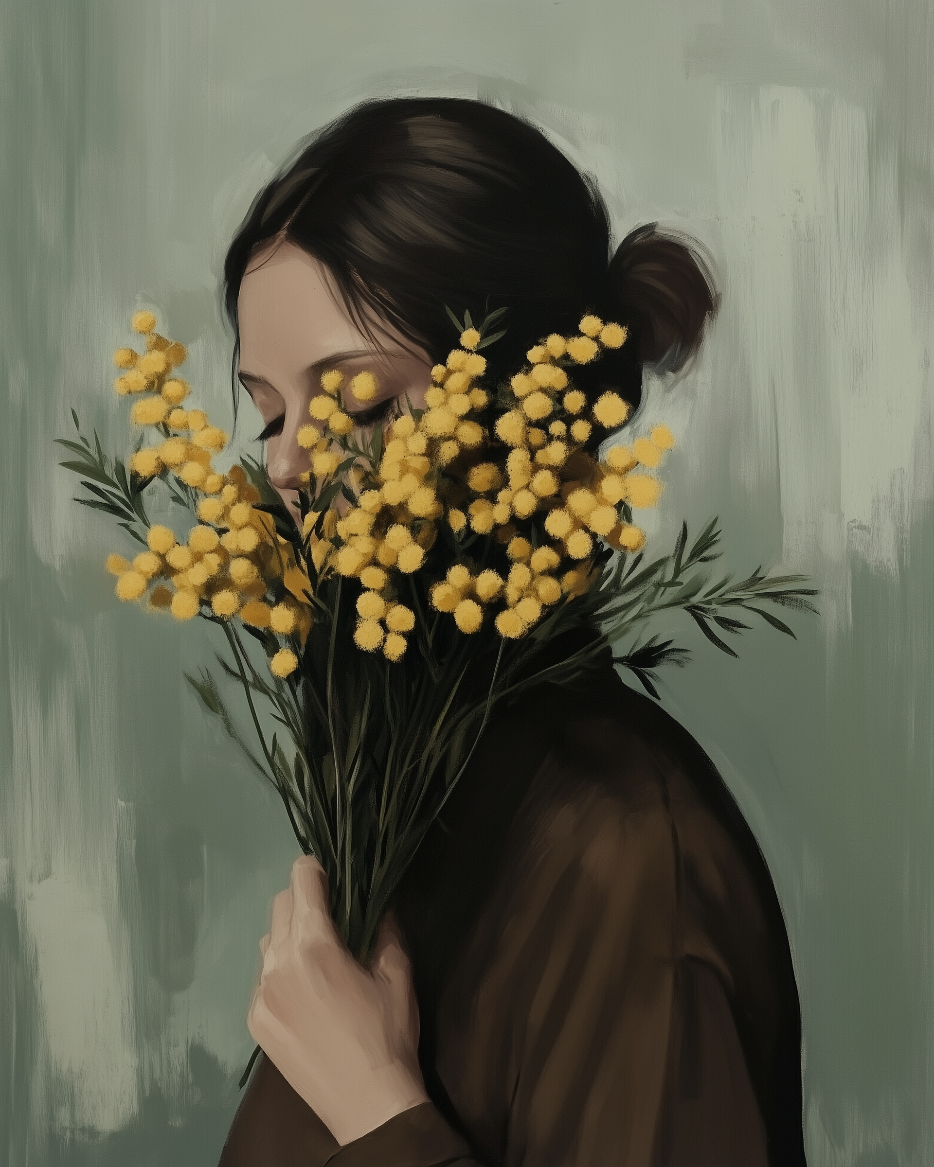A girl with dark hair in a bun gently holds a bouquet of yellow flowers close to her face with her eyes closed.

