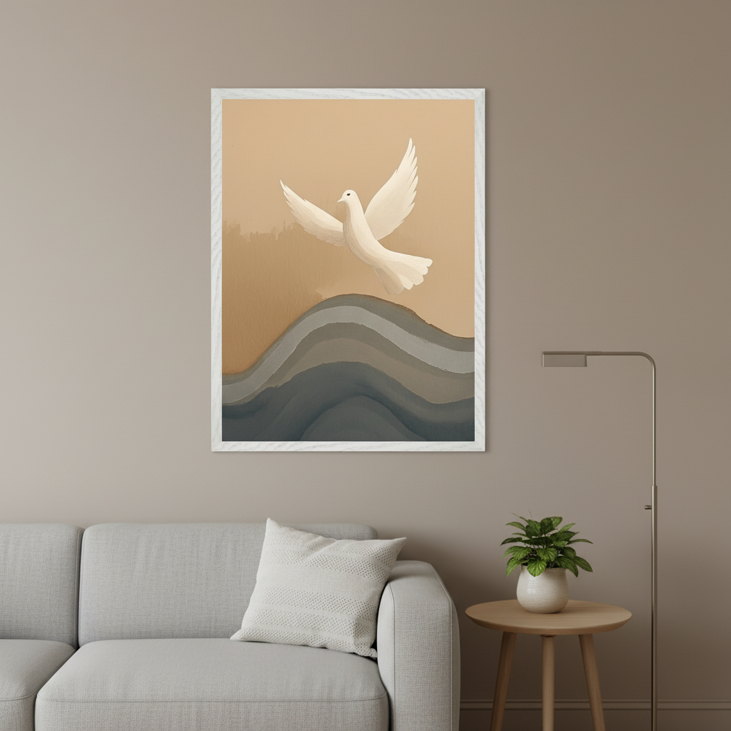Modern living room with a light gray sofa. A large framed painting shows a white dove flying over abstract gray and brown waves on a tan background, hanging above the sofa. A light wood side table with a plant and a gold floor lamp are to the right.