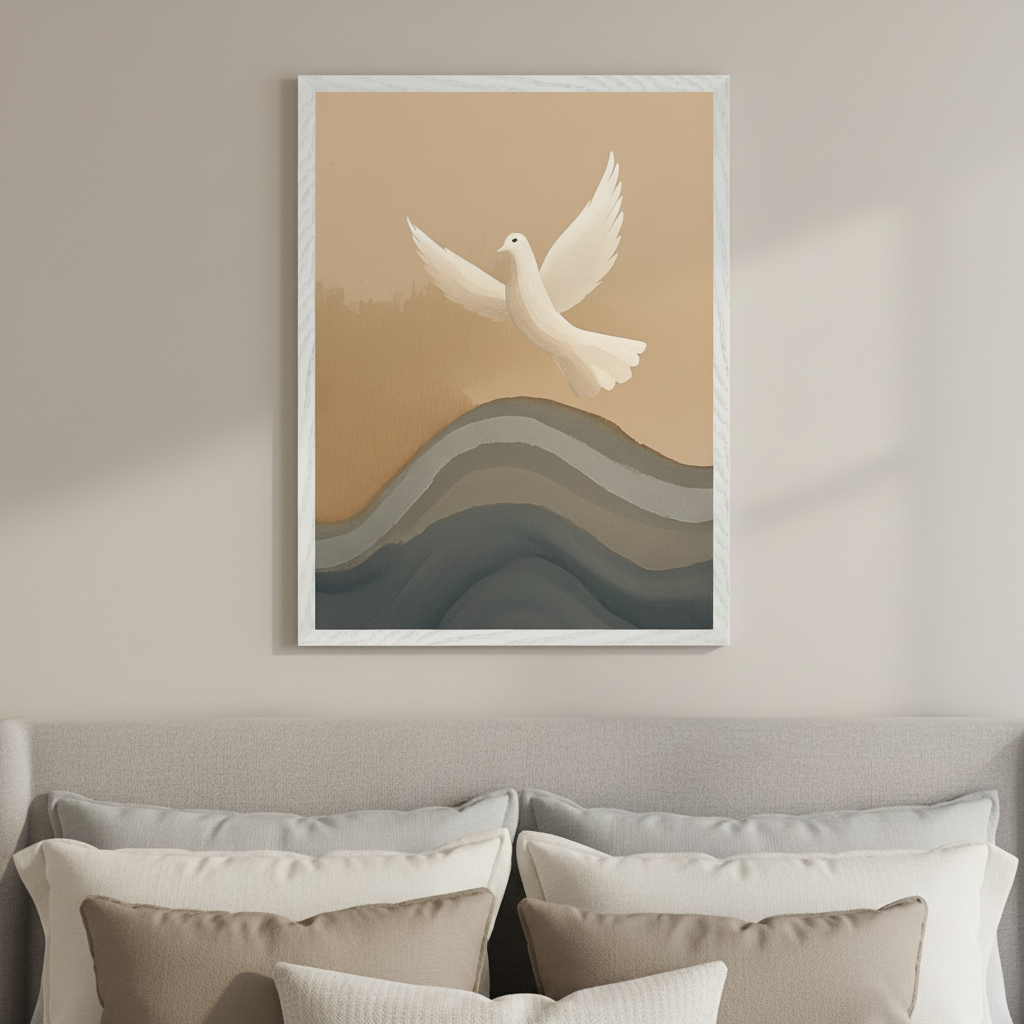 Modern bedroom with a grey upholstered bed and neutral pillows. A framed painting hangs above the bed, featuring a white dove flying over abstract, wavy layers in grey and blue on a tan background.