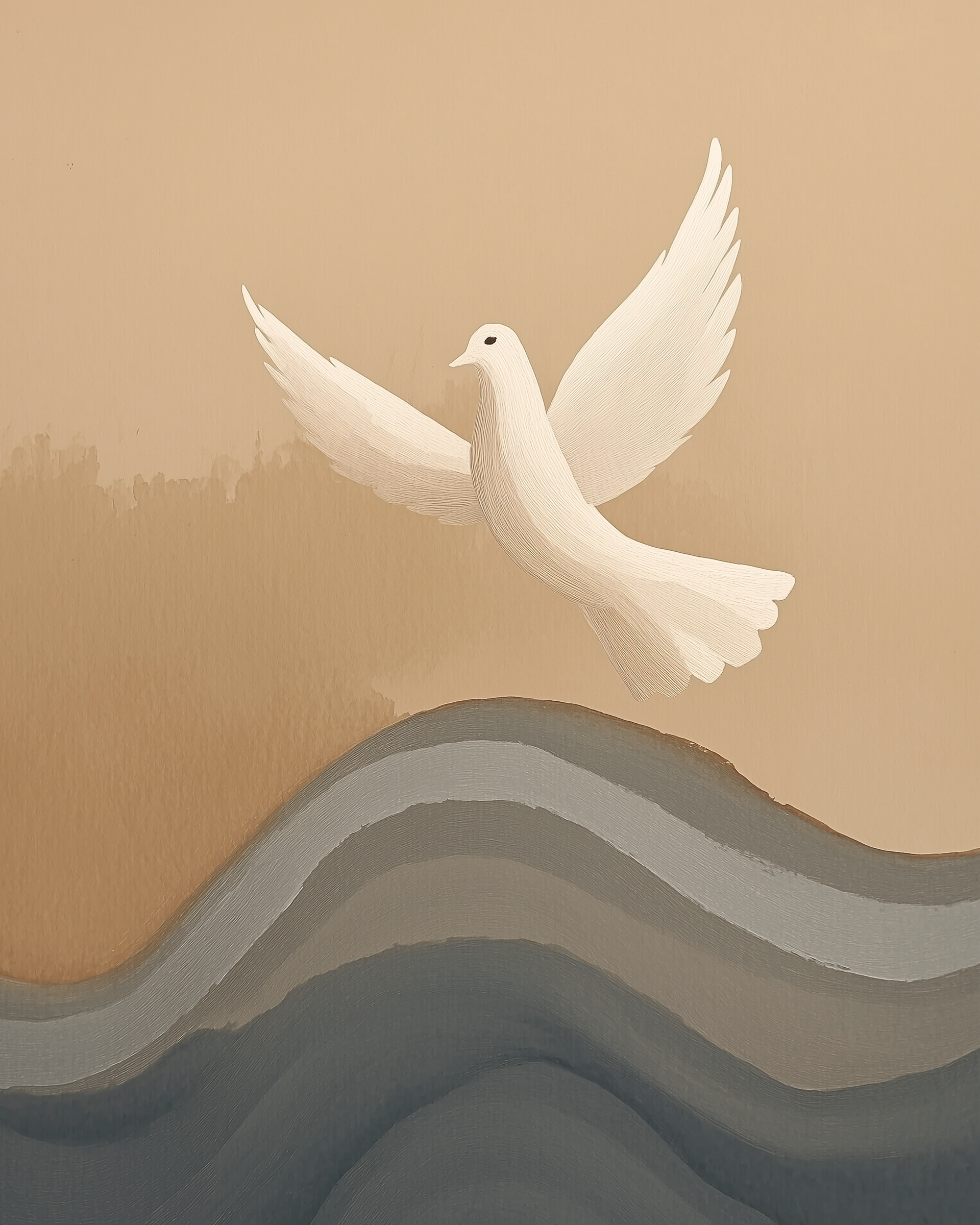 Minimalist illustration of a white dove flying above soft, layered ocean waves with a warm beige background. Symbolizes peace and freedom in a calming, neutral color palette.
