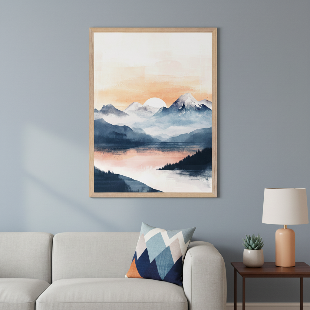 Modern living room with a light gray sofa. A large framed abstract landscape print hangs above the right side of the sofa, depicting misty blue mountains, a lake, an orange sky with a white sun, and dark trees. An end table with a lamp is to the right.