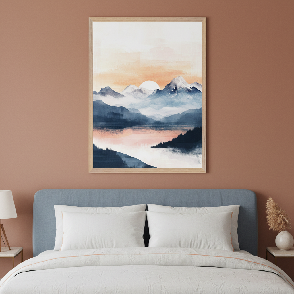 Modern bedroom with a bed featuring a blue upholstered headboard and white bedding. A large framed watercolor painting of a mountain and lake landscape at sunset, with blue, orange, and pink hues, hangs centered above the bed.
