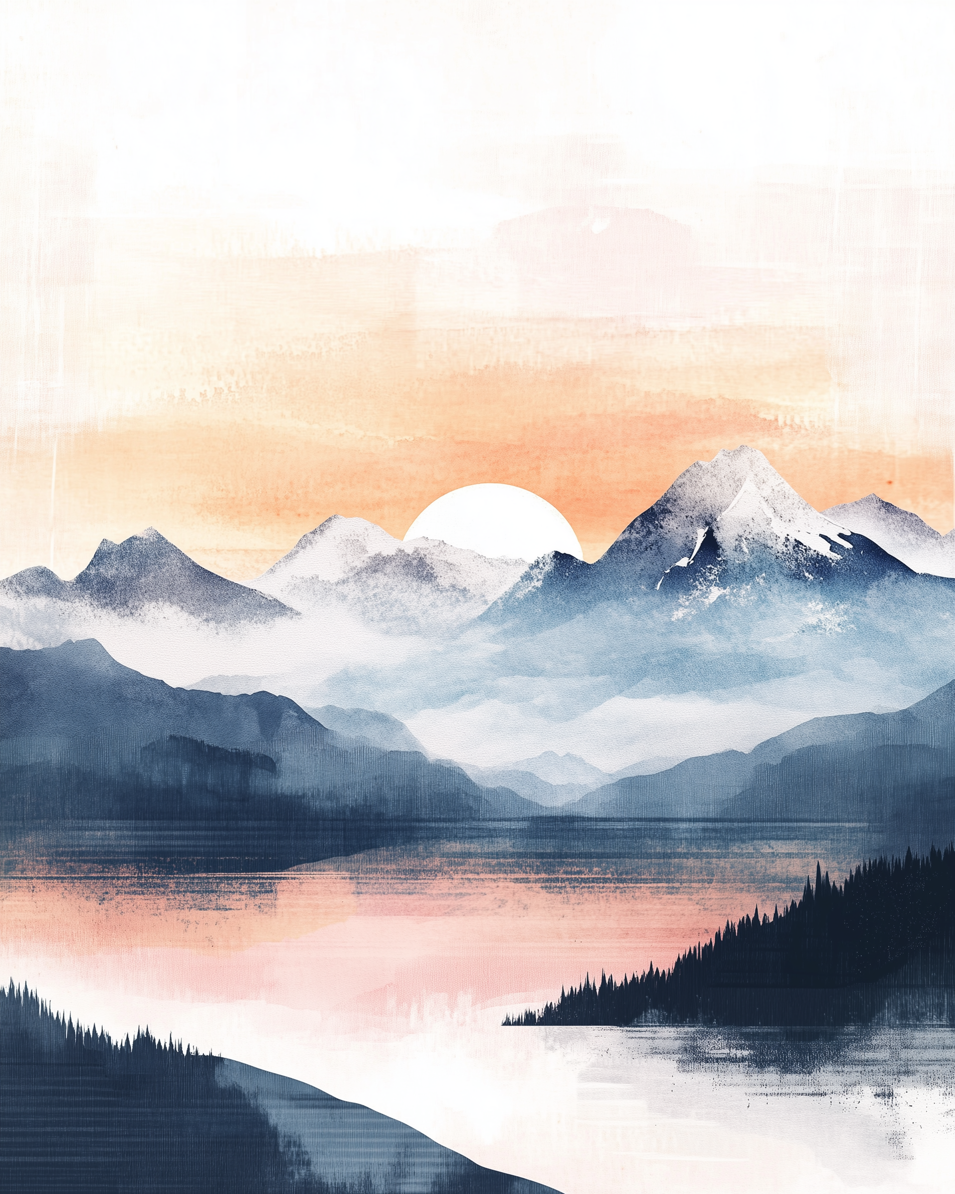 Vibrant watercolor-style painting of snow-capped mountains at sunrise, with warm orange skies and a tranquil lake reflecting the colors below. A peaceful, nature-inspired scene full of depth and contrast.
