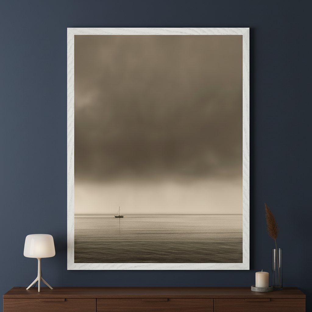Modern room with a dark blue wall. A dark brown dresser sits below a large white-framed sepia-toned photo of a sailboat on calm water under a cloudy sky, centered on the wall. A white lamp and a candle are on the dresser.
