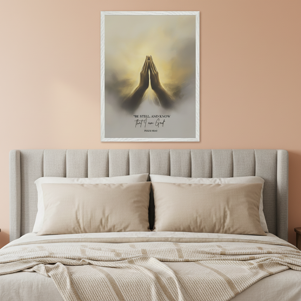 Modern bedroom with a light peach wall. A framed art print of praying hands with a bright glow and the text "BE STILL, AND KNOW THAT I AM GOD PSALM 46:10" hangs centered above a bed with a gray upholstered headboard and beige bedding.