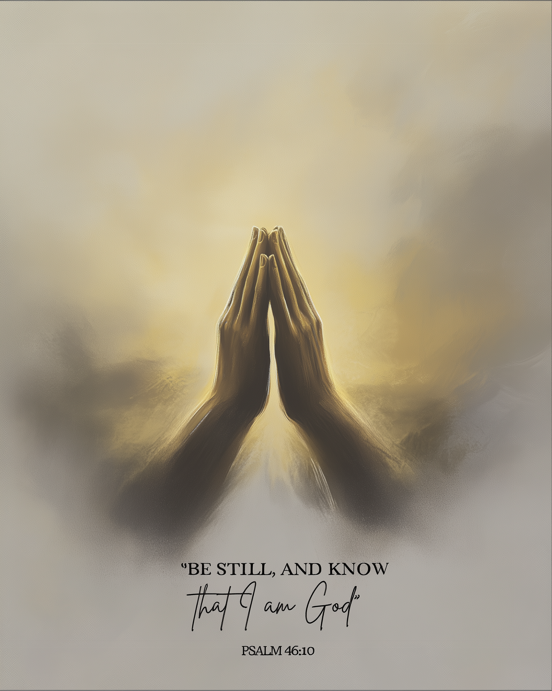 Illustration of golden hands in prayer surrounded by soft light, with the verse “Be still, and know that I am God” from Psalm 46:10 written below. A spiritual and reflective design.