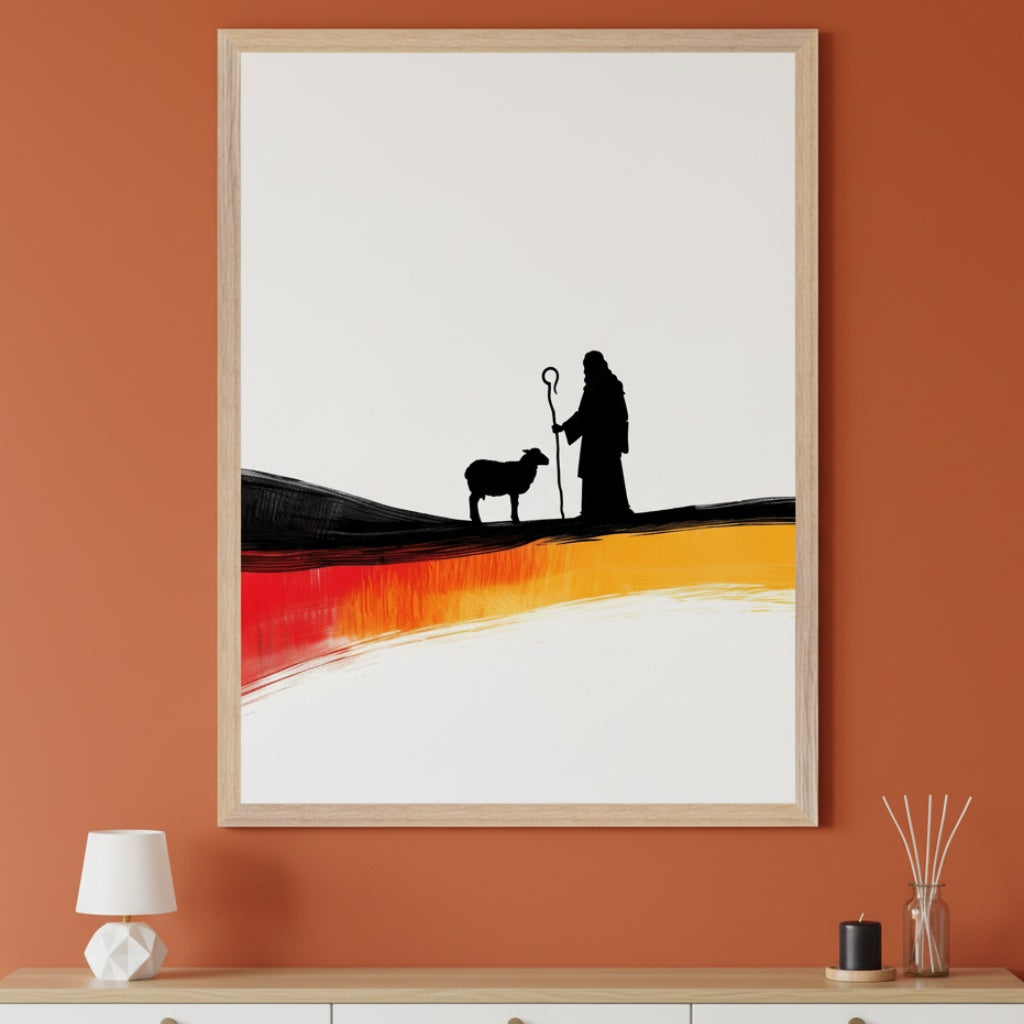 Modern room with an orange wall and a light-colored low cabinet. A framed minimalist art piece hangs above, showing silhouettes of a figure with a staff and a sheep, over abstract black, red, and yellow stripes resembling the German flag.