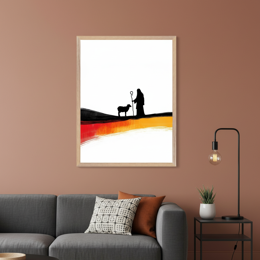 Modern living room with a dark gray sofa. A light wood framed print depicting a black silhouette shepherd, sheep, and staff above abstract red, orange, yellow strokes on white, hangs centered above the sofa.