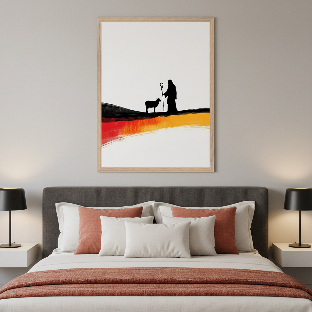 Modern bedroom with a gray upholstered bed. A framed print hangs centered above the bed, showing a black silhouette of a shepherd, staff, and sheep on a white background with abstract black, red, and orange brushstrokes.