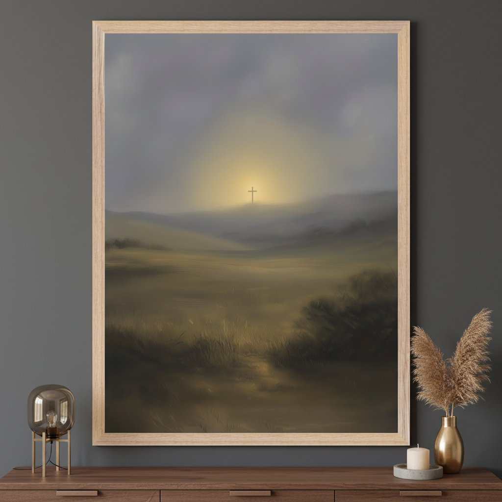 Modern room with a dark wood dresser. A large, light wood framed painting of a misty landscape with a glowing cross on a distant hill under a cloudy sky hangs centered above the dresser. A modern lamp, pampas grass, and a candle are on the dresser.