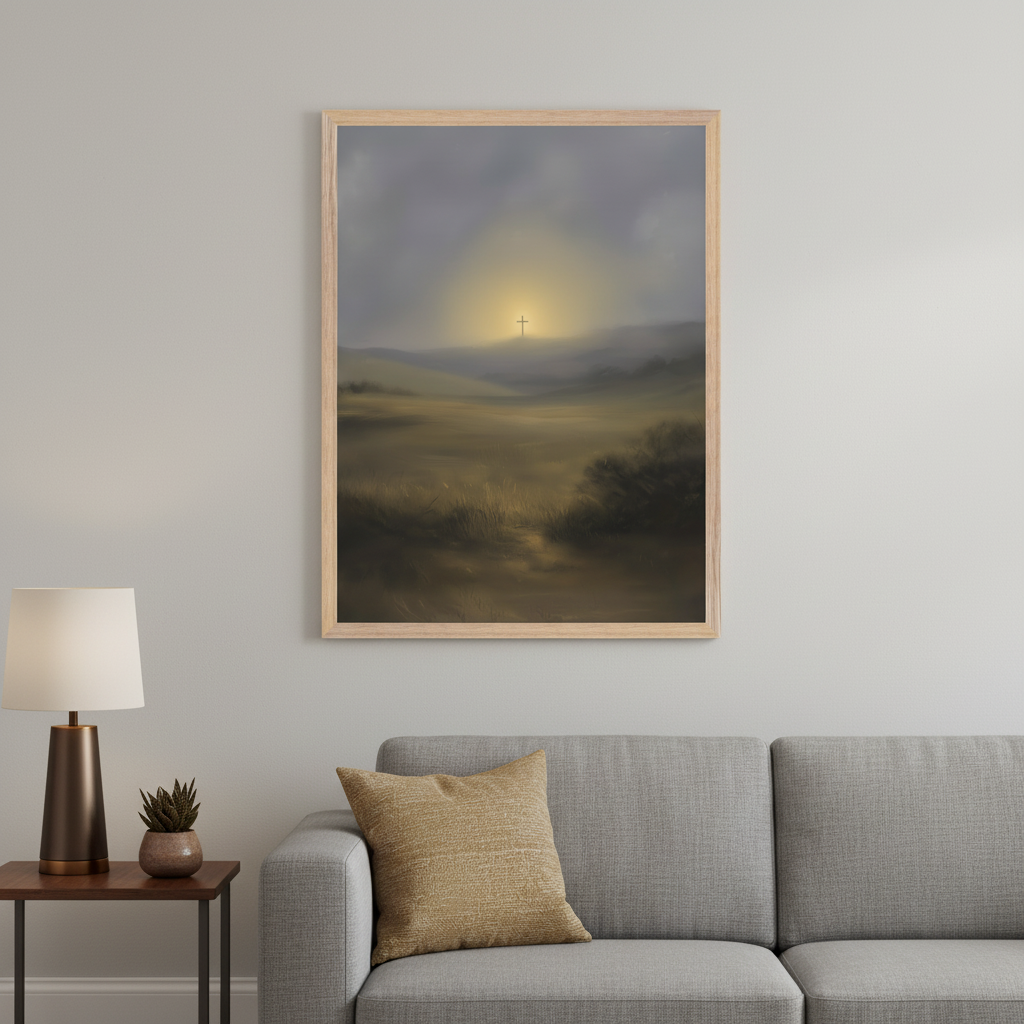 Living room with a gray sofa and a side table. A large light wooden framed atmospheric landscape painting hangs above the sofa, depicting a cross on a hill illuminated by a bright light in a misty field.
