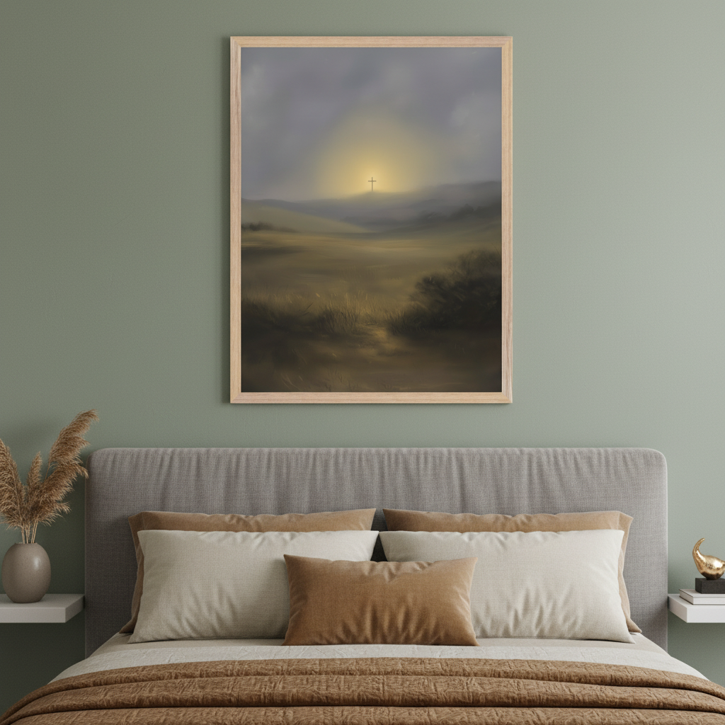 Modern bedroom with a large bed and grey headboard. A light wood framed painting hangs centered above the bed, depicting a misty, golden landscape with a glowing cross on a distant hill.
