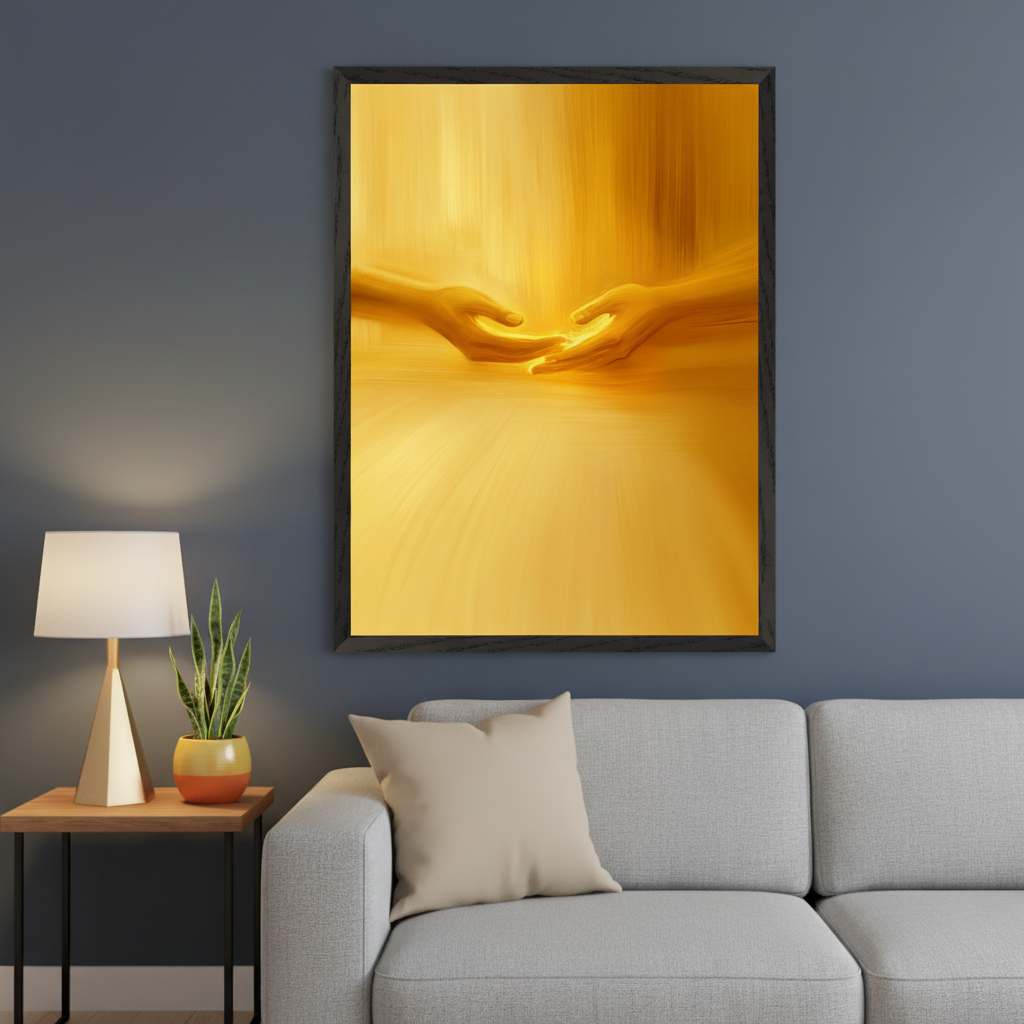 Modern living room with a grey sofa and beige pillow. A black-framed abstract painting with golden-yellow and orange tones showing two hands reaching hangs above the right side of the sofa on a dark grey wall. A lamp and snake plant sit on a wooden side table.