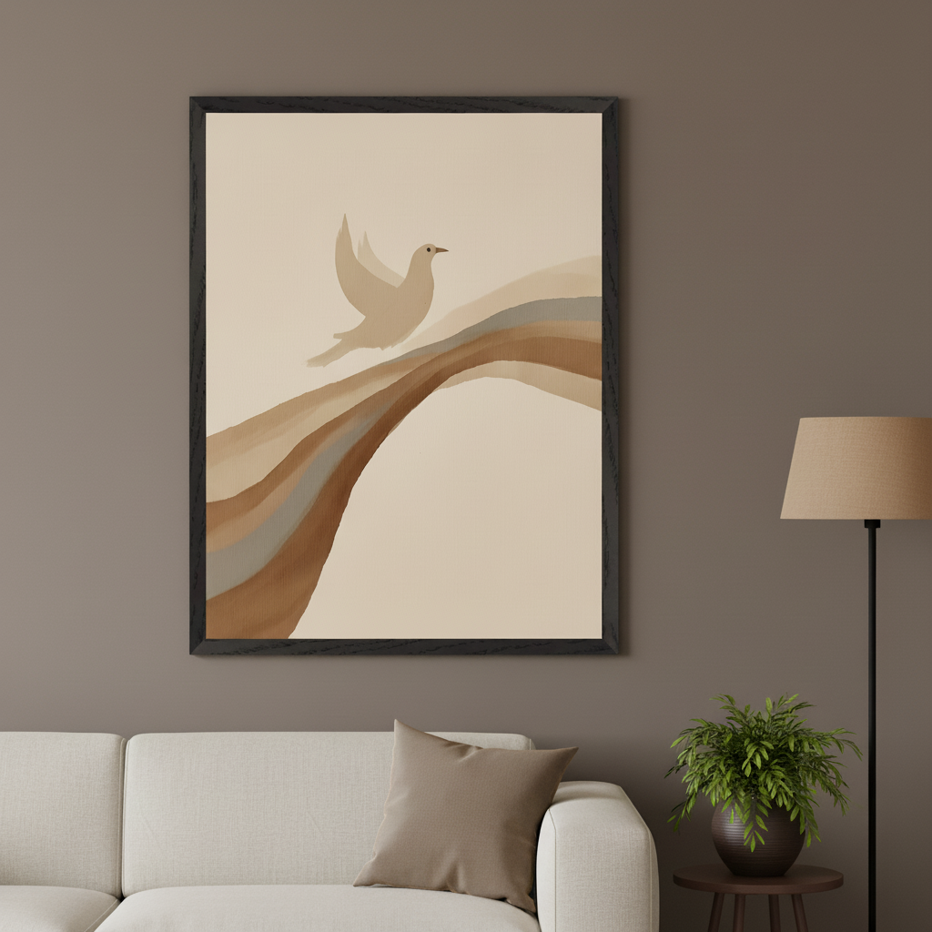 Modern living room with a large framed print of a beige dove flying over abstract brown and gray curved lines, hanging above a white sofa. A floor lamp and a plant are on the right.