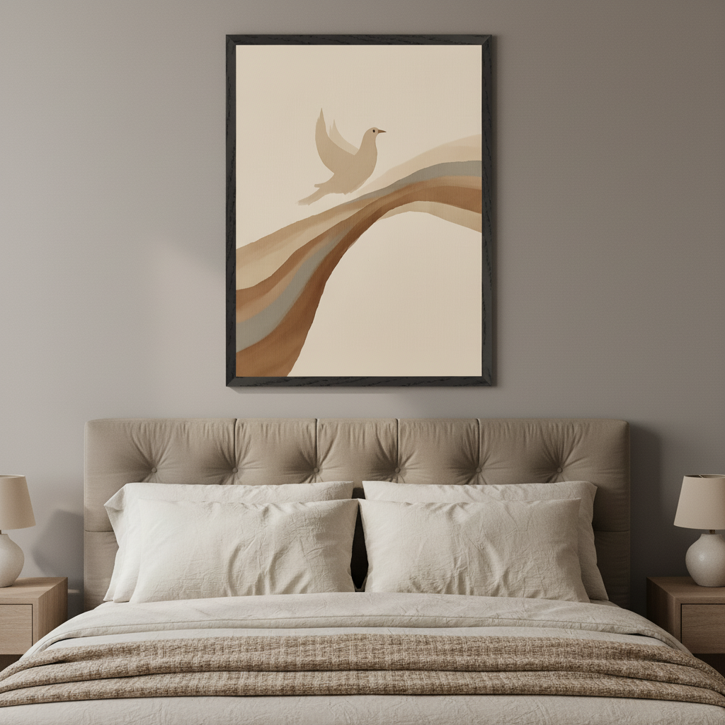 Modern bedroom with a tufted bed. A large black-framed print of a beige dove flying over abstract brown and beige waves hangs centered above the headboard. Nightstands with lamps flank the bed.