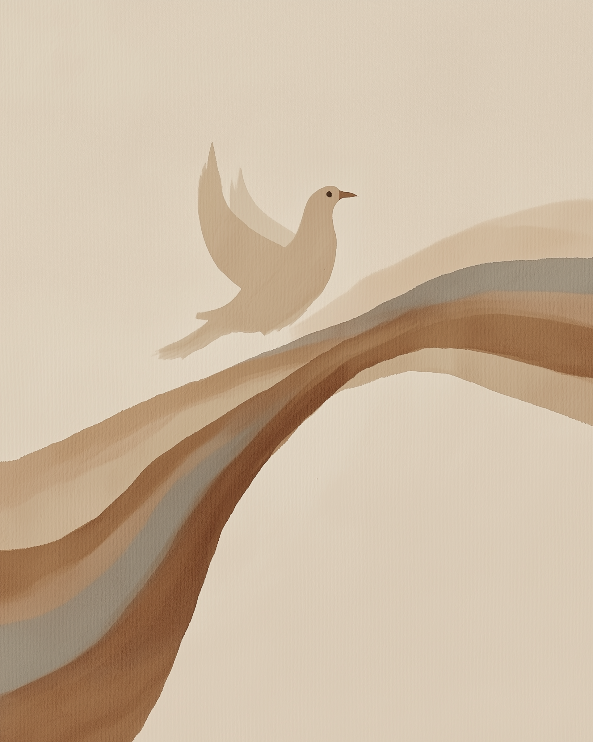 Minimalist watercolor illustration of a tan dove flying above gently curved earth-toned waves. The soft, neutral background adds to the peaceful and balanced mood.
