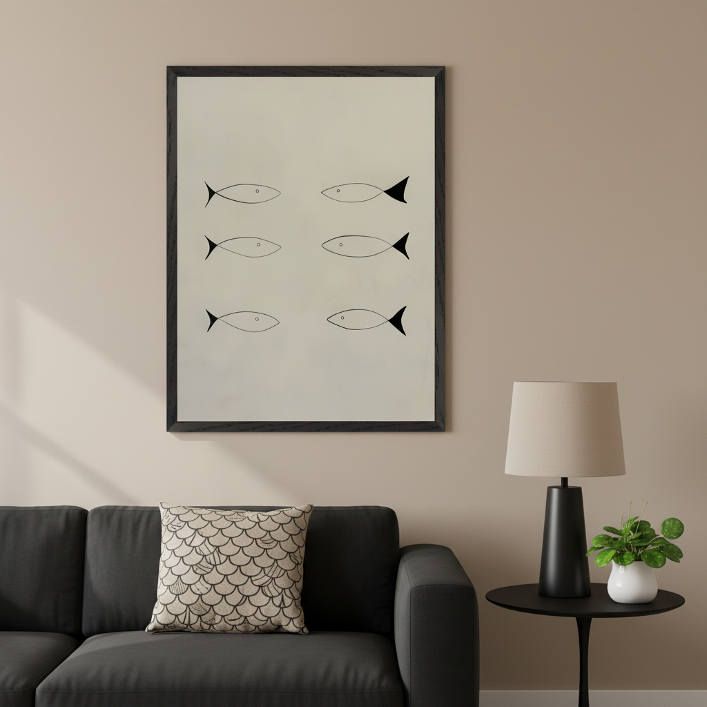 Modern living room with a dark gray sofa and a patterned cushion. A large black-framed print of six minimalist black outline fish, three with solid black tails, hangs above the sofa. A black table lamp and plant are on an end table to the right.