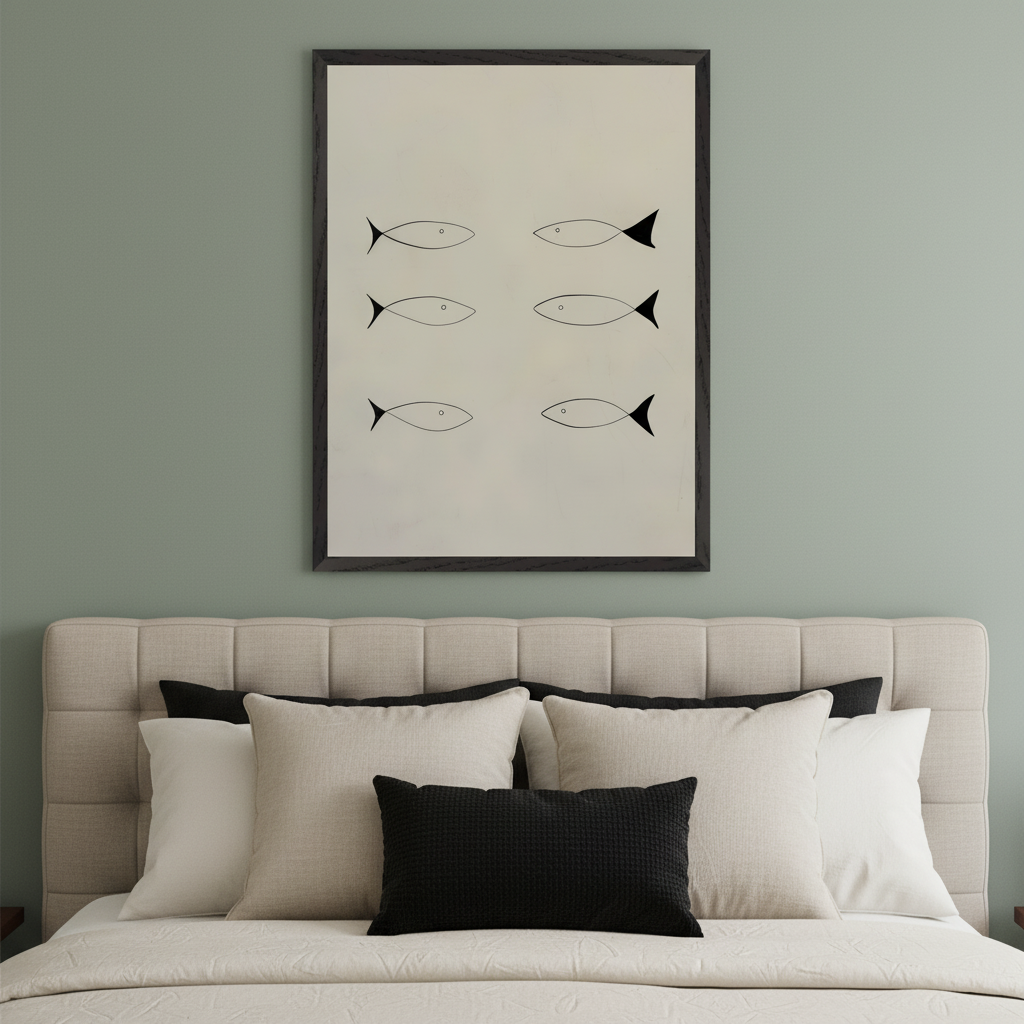 Modern bedroom with sage green walls, a beige upholstered bed, and headboard. A large framed print with a dark frame hangs centered above the headboard. It features six minimalist black outline fish drawings with small eyes, arranged in two columns. The three fish in the right column have solid black tails.