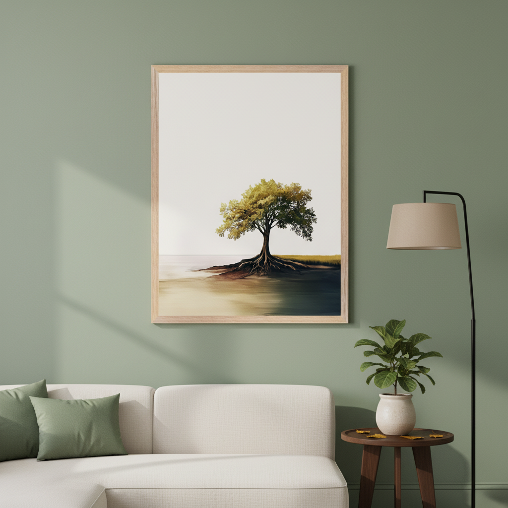 Modern living room with a white sectional sofa and green pillows. A large framed print of a solitary tree with exposed roots on a shore by water, in a minimalist painterly style, hangs above the sofa. A floor lamp, potted plant, and round side table are to the right.