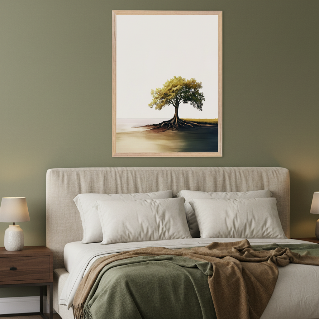 Modern bedroom with a large bed and beige upholstered headboard. A dark wood nightstand with a lamp is on the left. Centered above the bed on a green wall, a framed painting depicts a solitary tree with exposed roots at the water's edge, reflecting the sky.