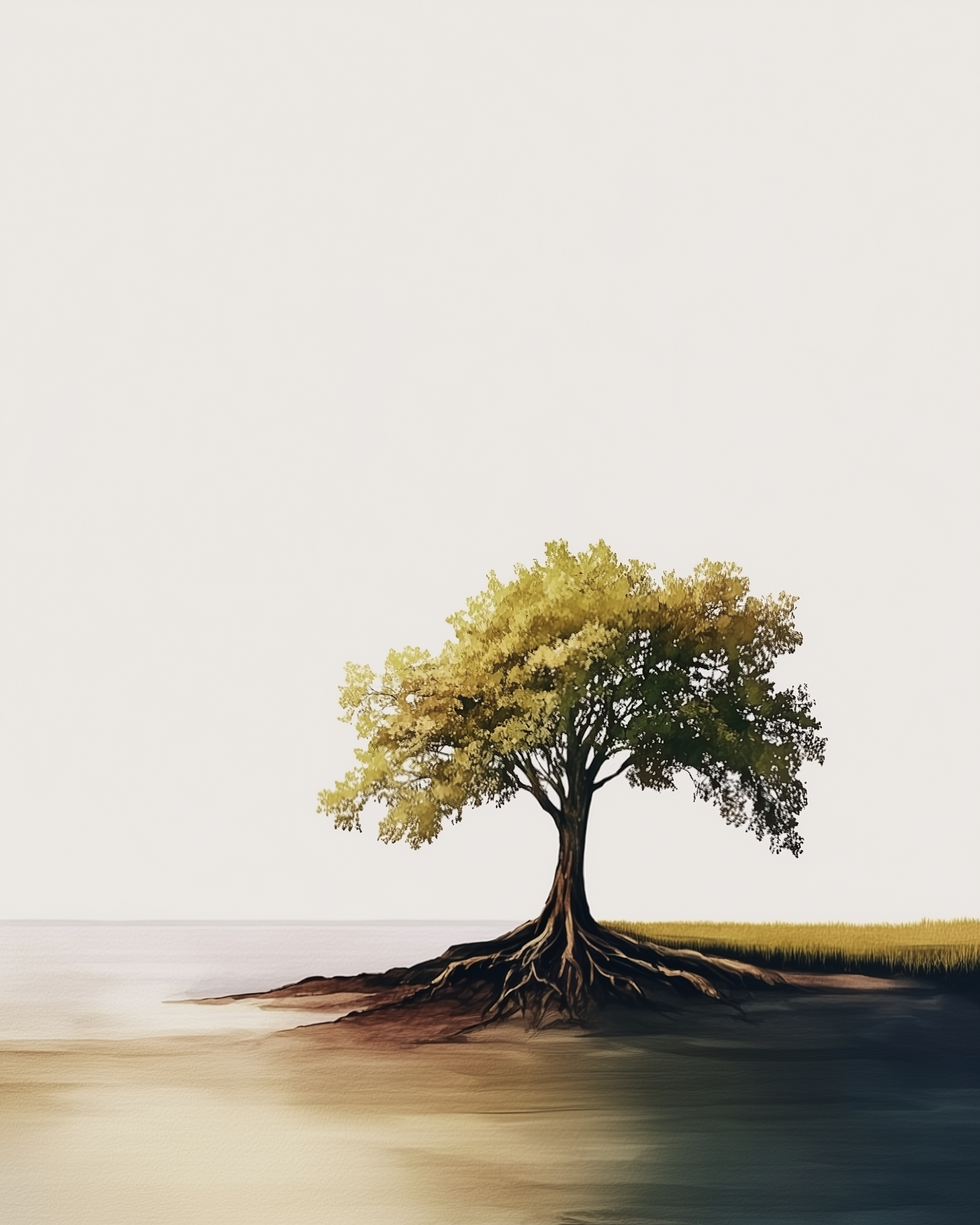 Art of a single tree with exposed roots growing beside calm, shallow water. The golden-green leaves and open sky emphasize resilience and serenity.