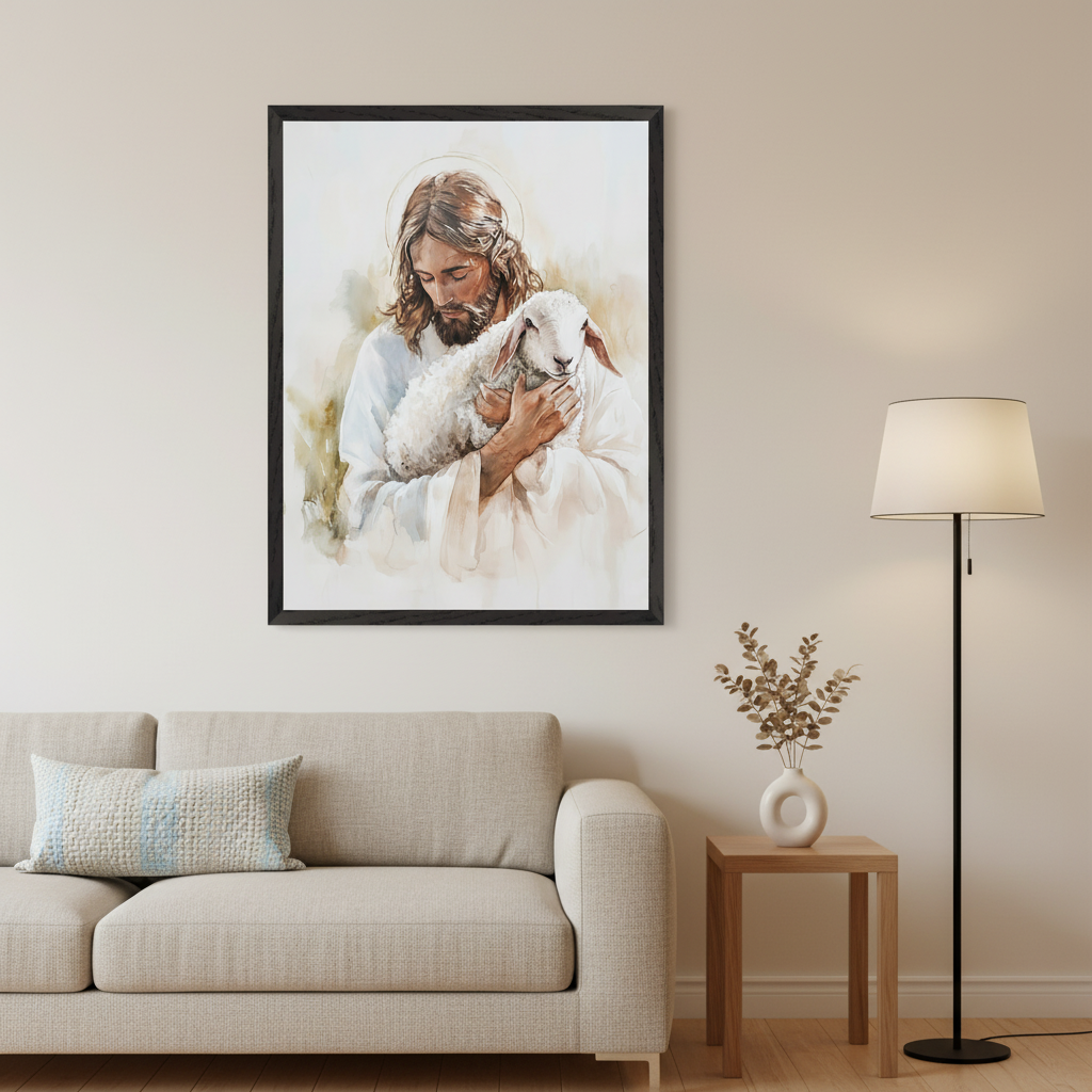 Modern living room with a beige sofa and a wooden end table. A framed watercolor painting of Jesus holding a lamb with a halo hangs on the wall above the sofa.