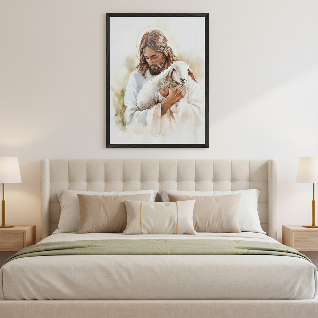 Modern bedroom with a large upholstered bed. A framed watercolor painting of Jesus holding a lamb hangs centered above the bed. Light wood nightstands with brass lamps are on either side.
