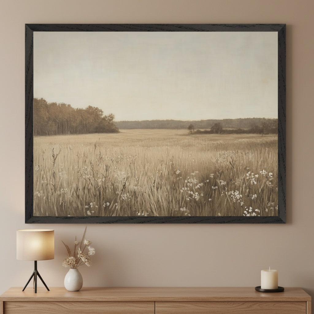 Modern room with a light wood dresser. A large framed sepia-toned landscape painting hangs centered above the dresser, depicting a field of tall grass, wildflowers, and distant trees under a bright sky.